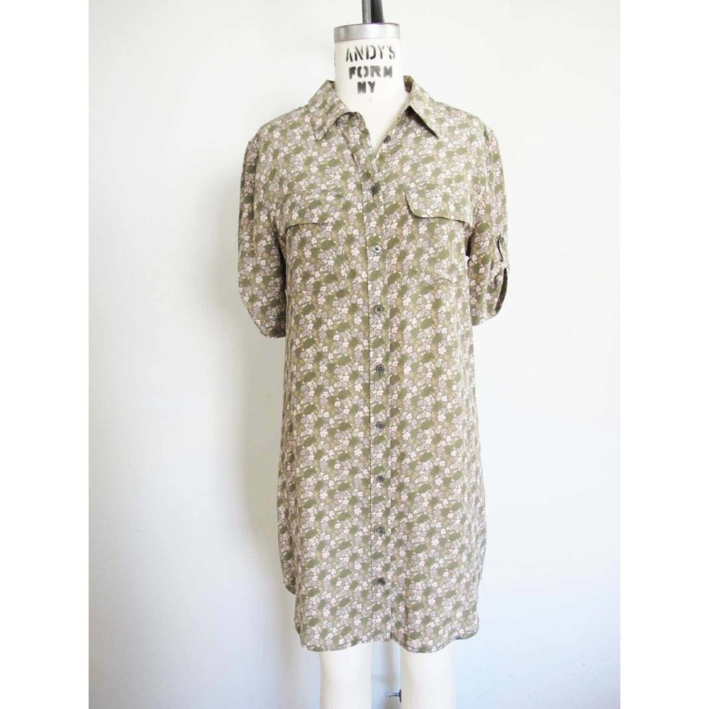 EQUIPMENT Silk Olive Green Floral Shirtdress XS Pineapple Flap Chest Tab Sleeve